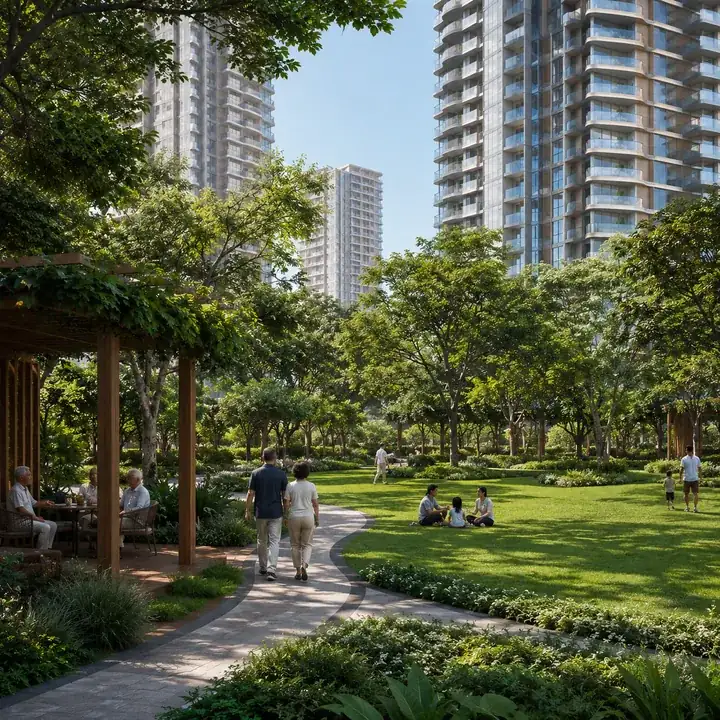 Brigade Granada landscaped gardens at the 40-acre integrated township on Kadugodi-Hoskote Road, Whitefield